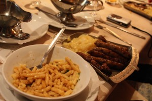 local sausage speciality and spatzle (Bavarian pasta dish)